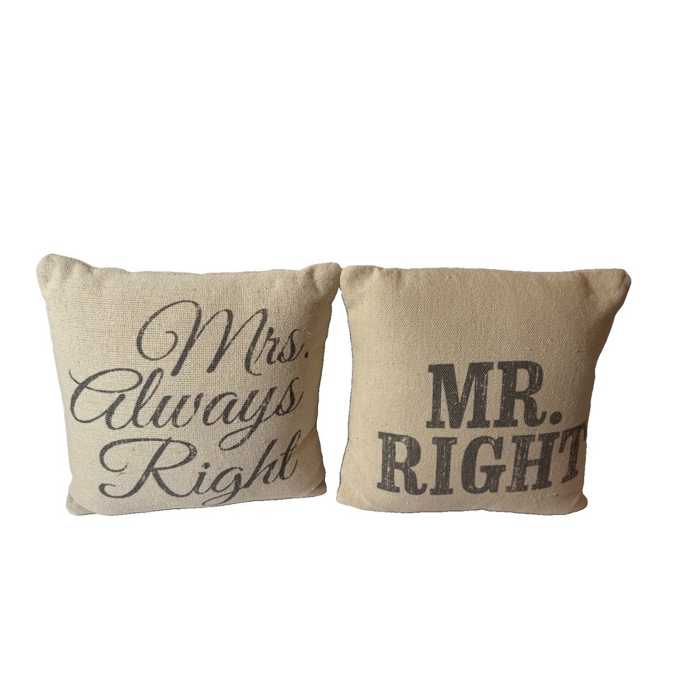 Rustic Burlap Throw Pillows 9" Mr Right Mrs Always Right Couples Novelty Decor - Picture 3 of 6